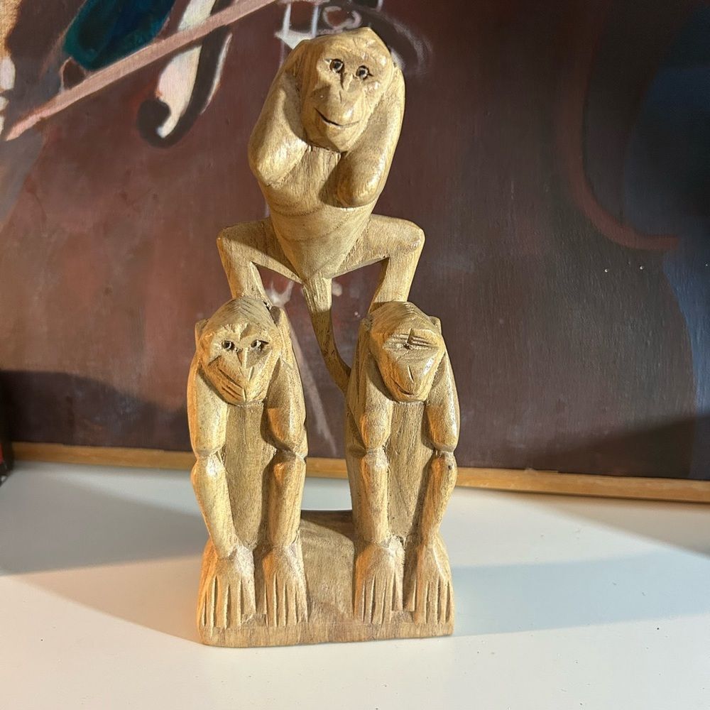 Handcrafted See, hear, & speak no evil wood monkey sculpture Indonesia